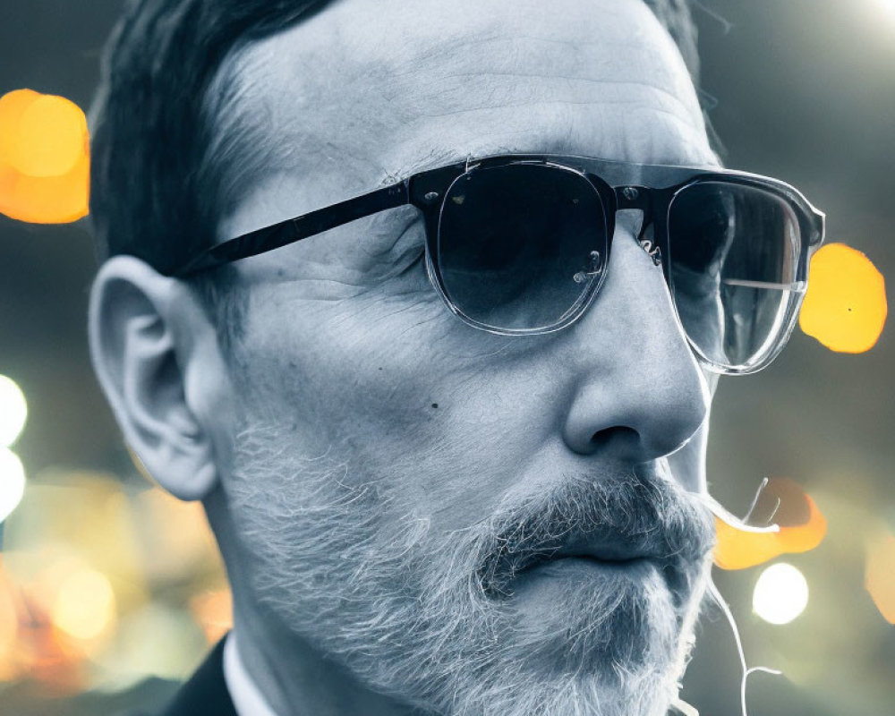 Bearded man in aviator sunglasses and suit in city lights