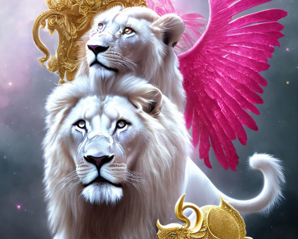 Majestic white lions with cosmic backdrop and ornate elements