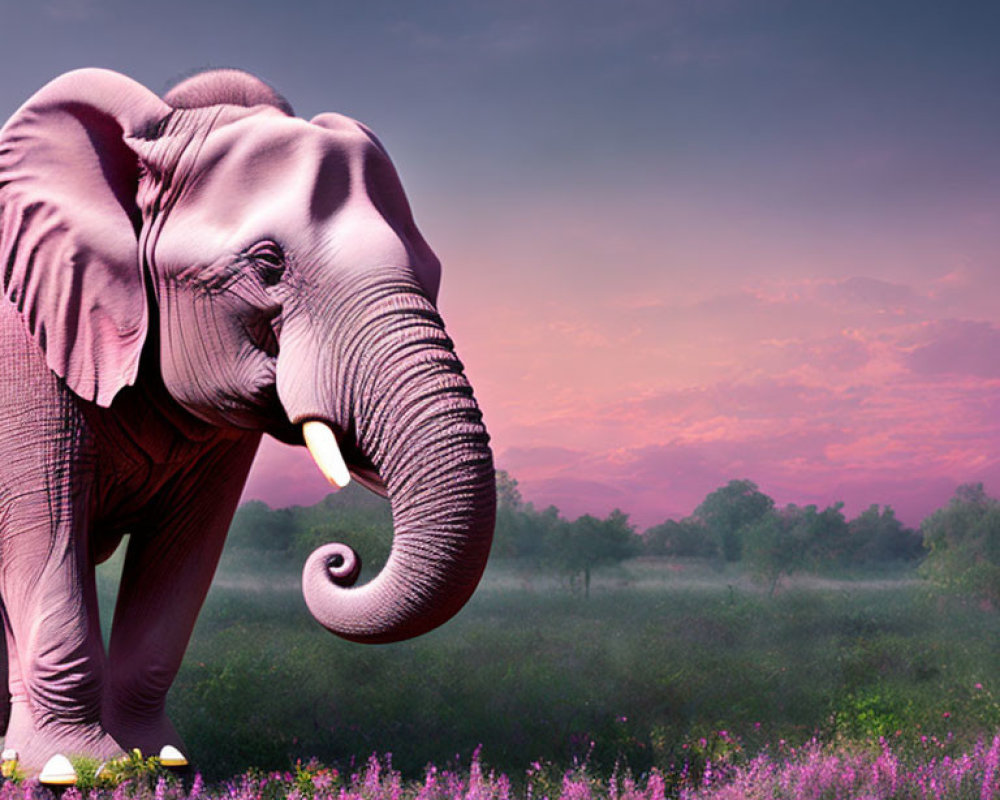 Elephant in Purple Flower Field at Twilight