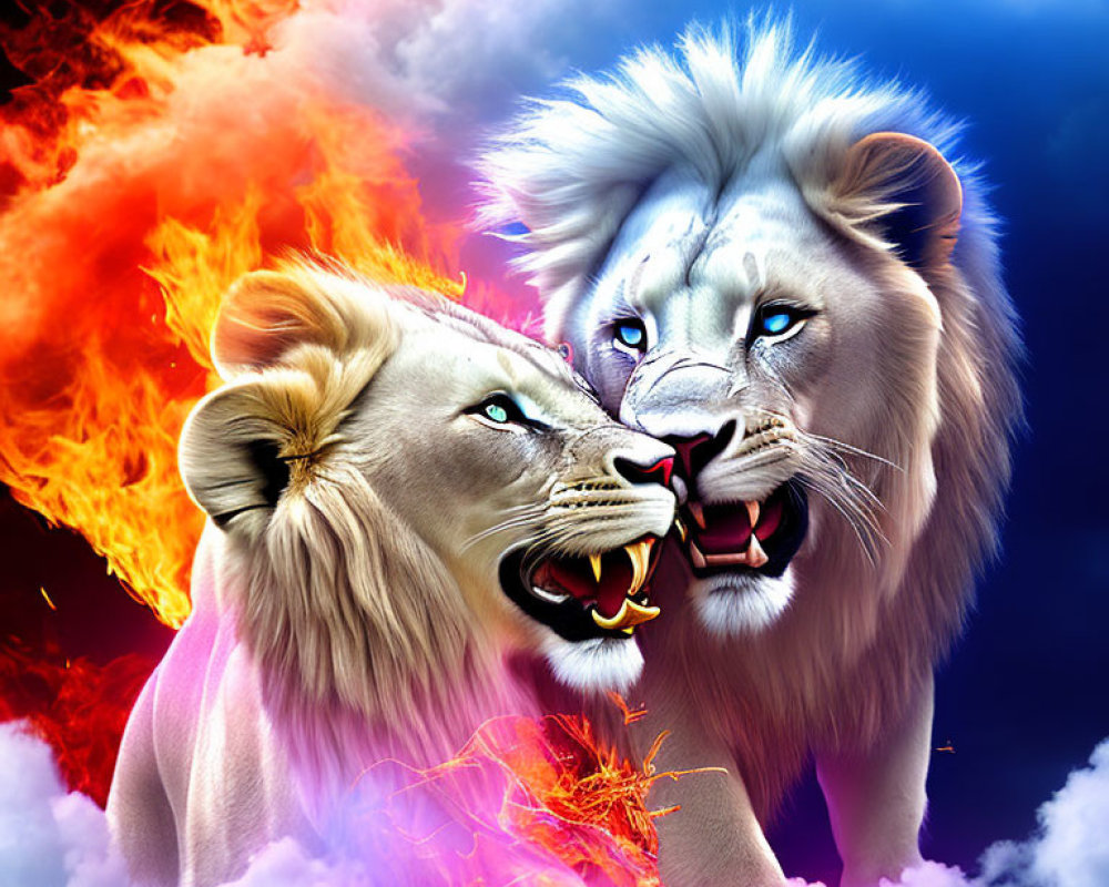 Vibrantly colored lions - one white, one blue - face off amid fiery and cloudy backdrops