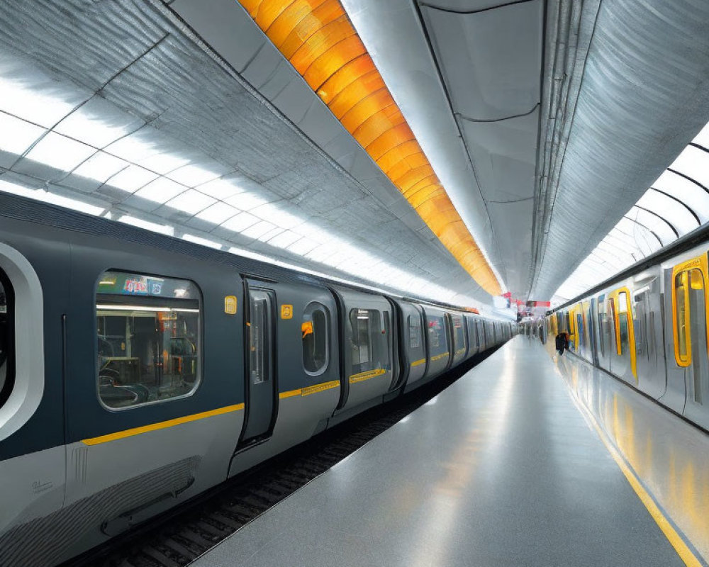 Modern Train at Sleek Underground Station with Orange-Lit Ceiling