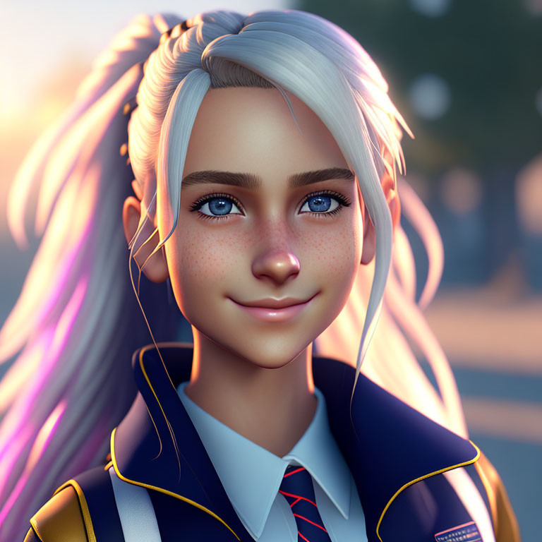 Digital artwork: Girl with blue eyes, braided blonde hair, purple streaks, freckles