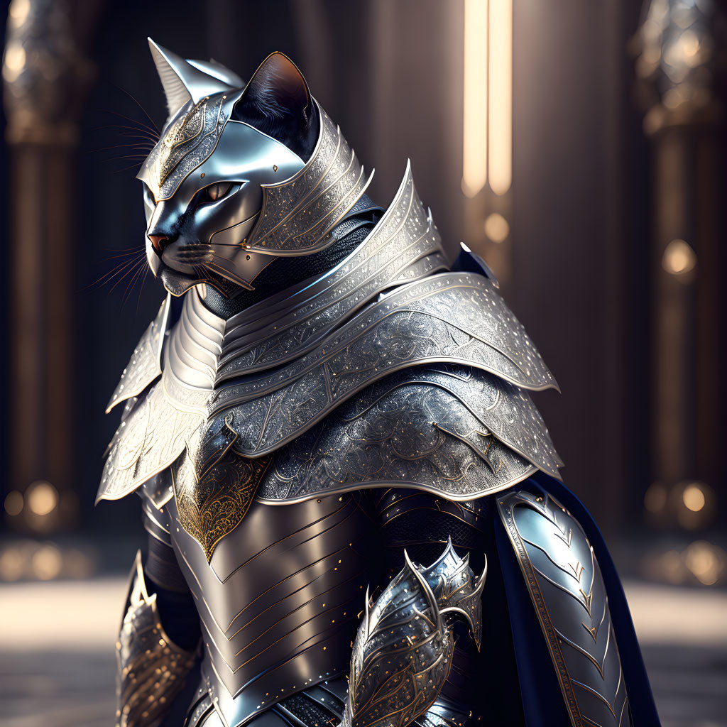 Anthropomorphic cat in silver and blue medieval armor in grand hall