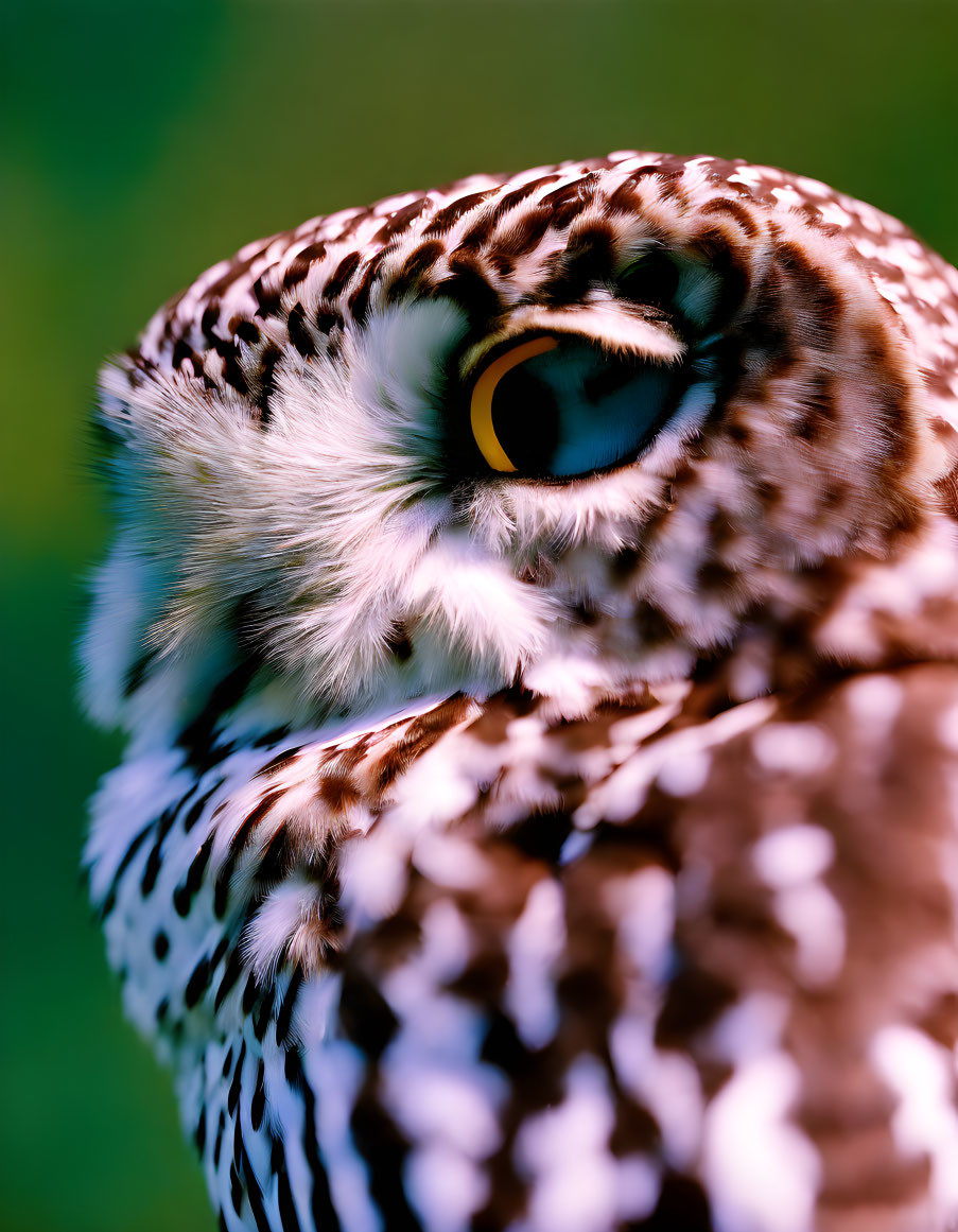 Detailed close-up of brown and white speckled owl with striking yellow eye