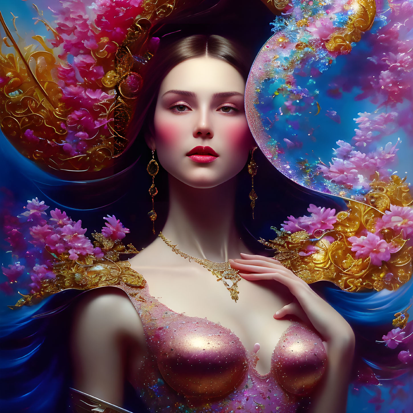 Serene woman with gold jewelry in vibrant floral setting