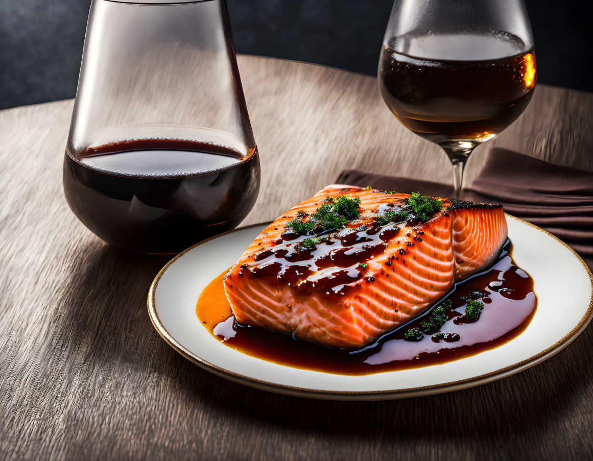 Glazed salmon plate with herbs and amber drink on wooden table