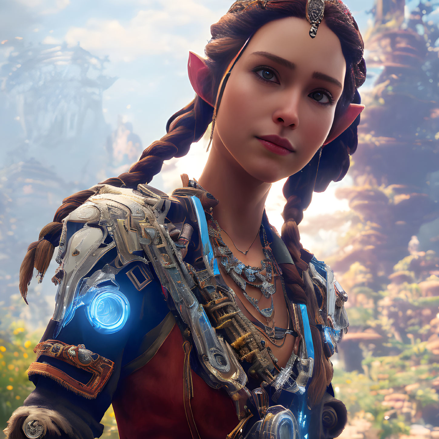 Female video game character with braided hair in futuristic suit and tribal ornaments in lush landscape