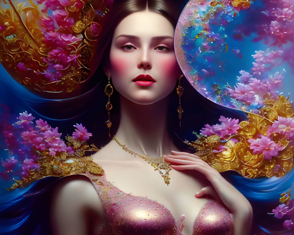 Serene woman with gold jewelry in vibrant floral setting