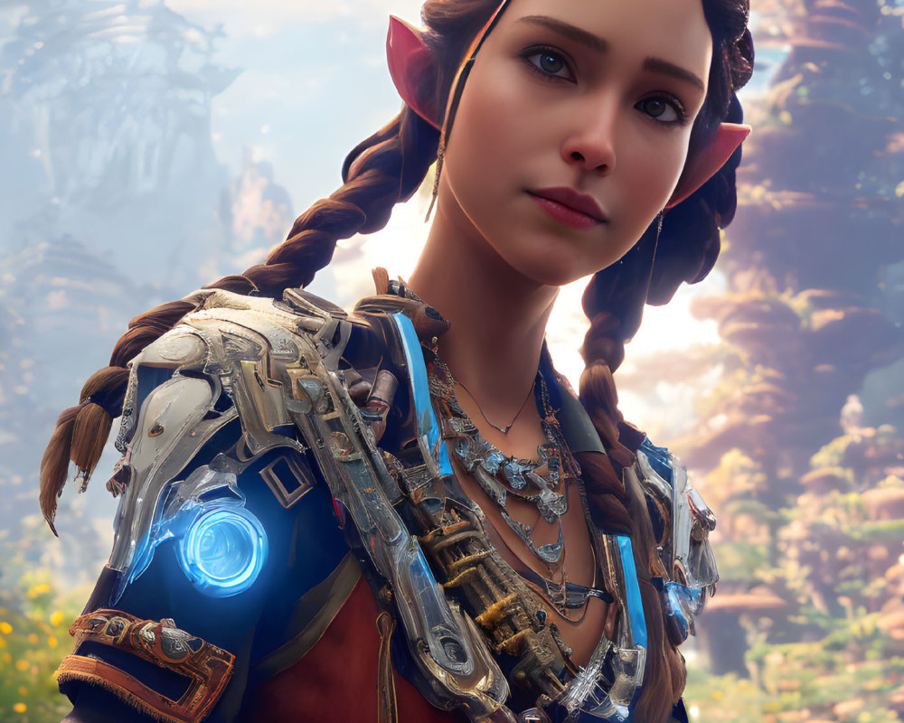 Female video game character with braided hair in futuristic suit and tribal ornaments in lush landscape