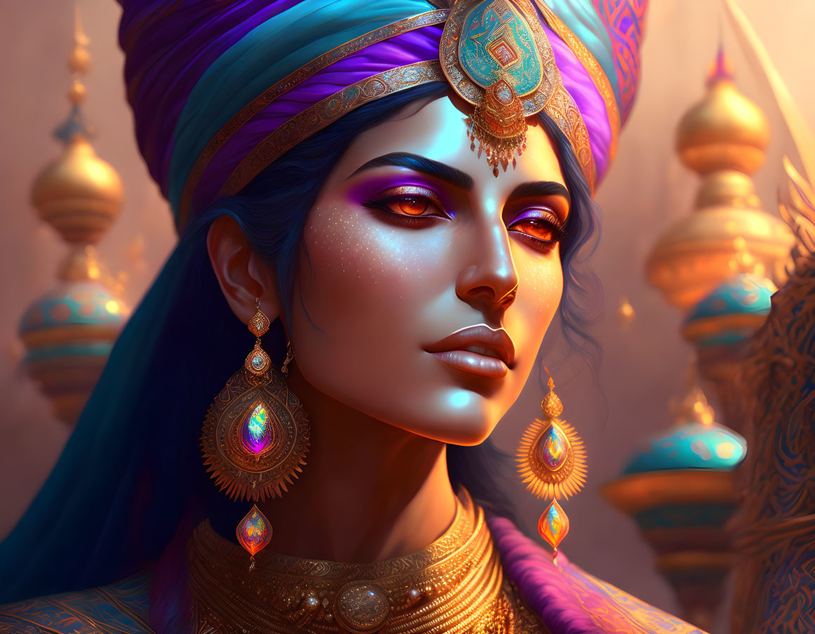 Purple-skinned woman in ornate jewelry and turban with glowing lantern backdrop