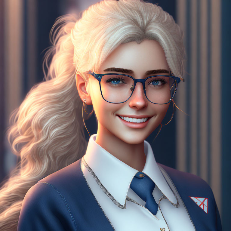 Blond-Haired Woman in Collared Shirt and Glasses Smiling