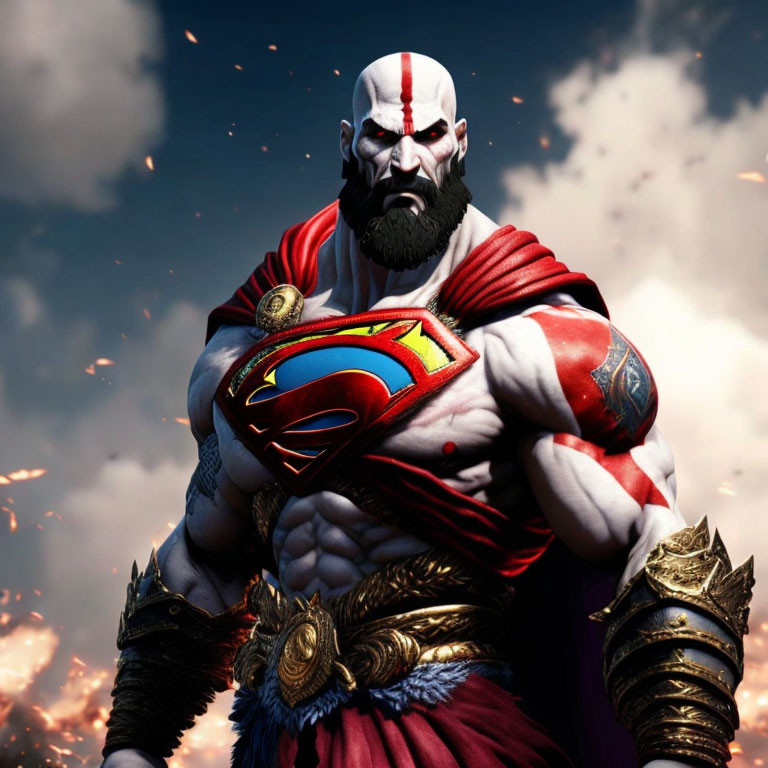 Muscular bearded warrior in Superman costume under dramatic sky.