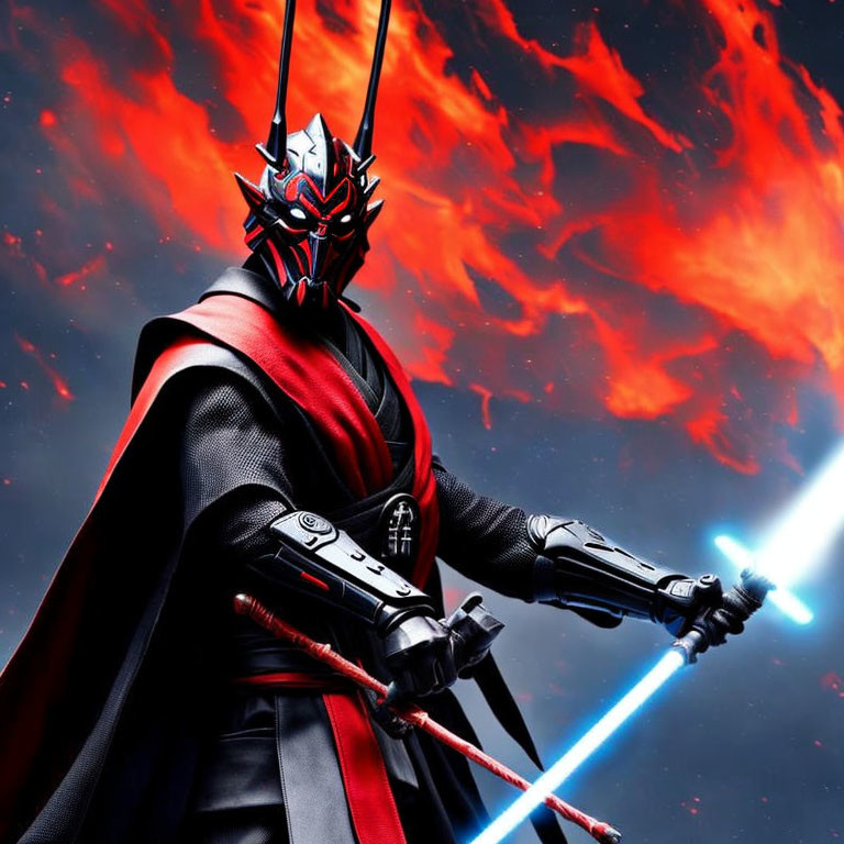 Stylized character in red and black armor with blue and red lightsaber against fiery cosmic backdrop