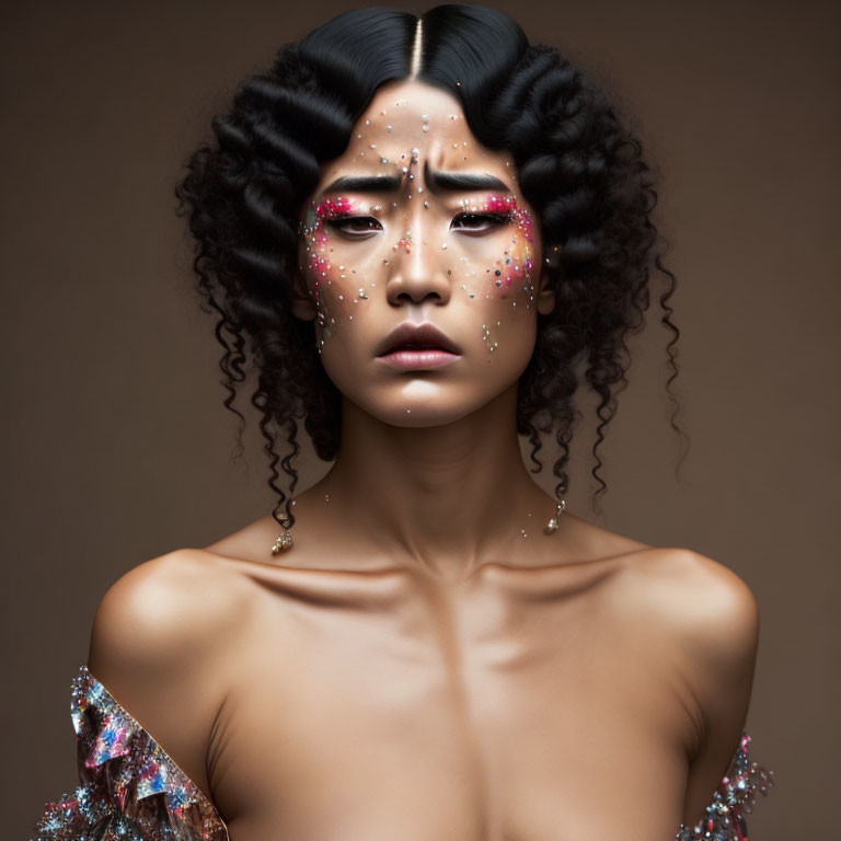 Creative makeup woman with glitter tears, wavy hair, and contemplative expression on brown backdrop