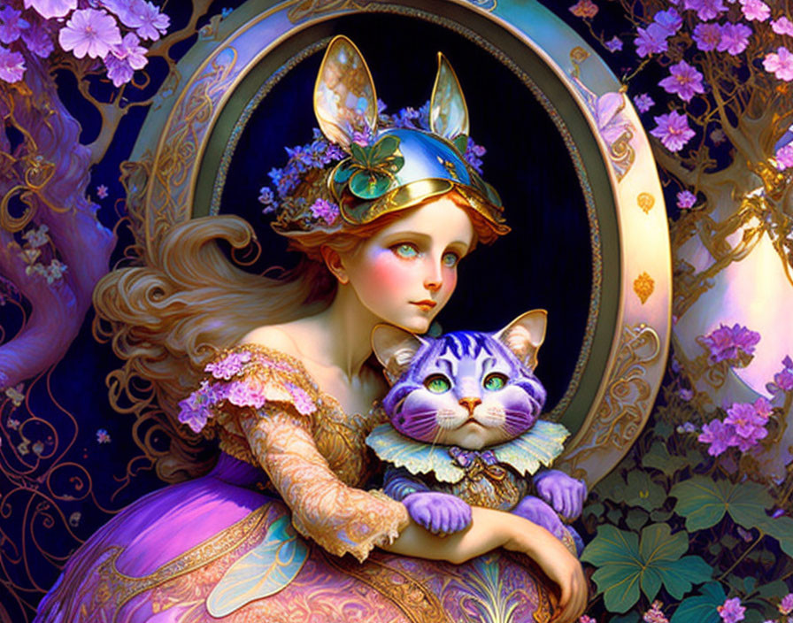 Illustration of girl and cat in Renaissance headwear with purple flowers