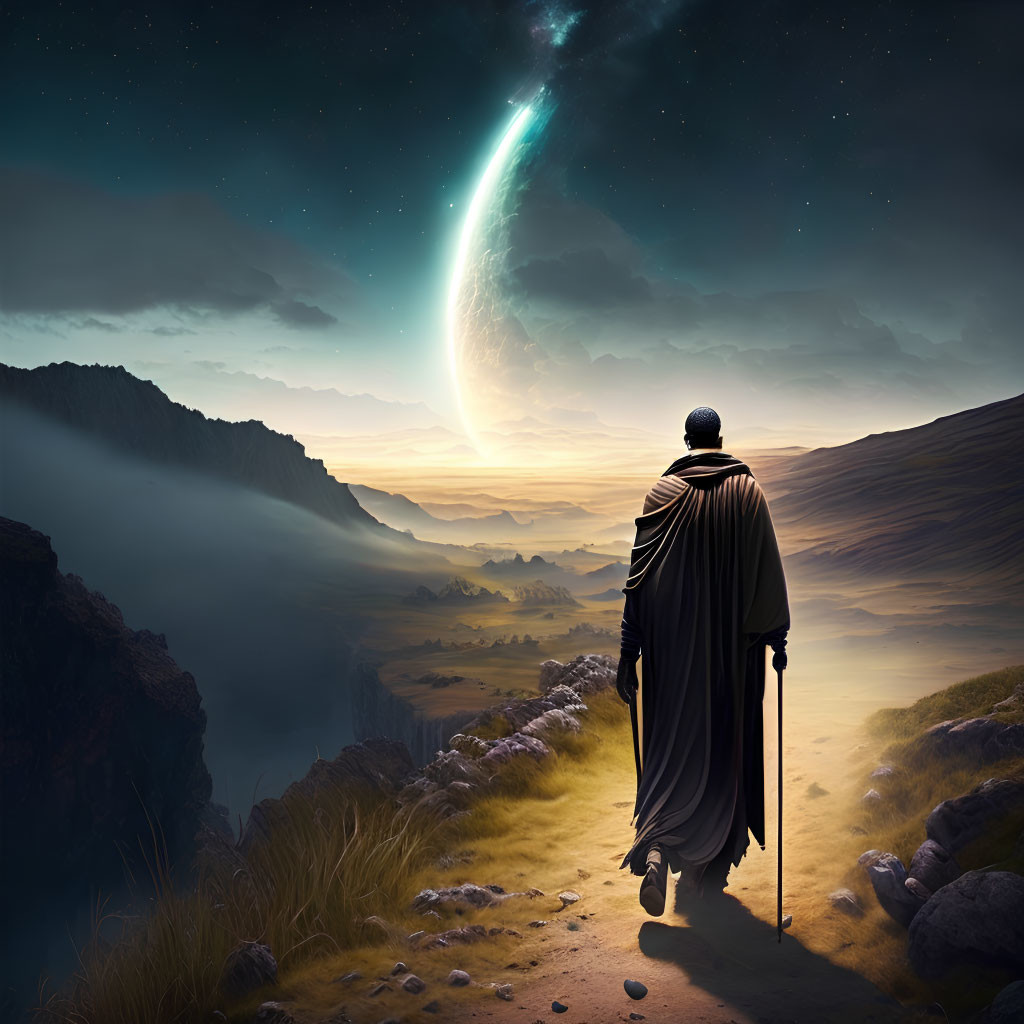 Figure in cloak gazes at comet over misty valley at dusk