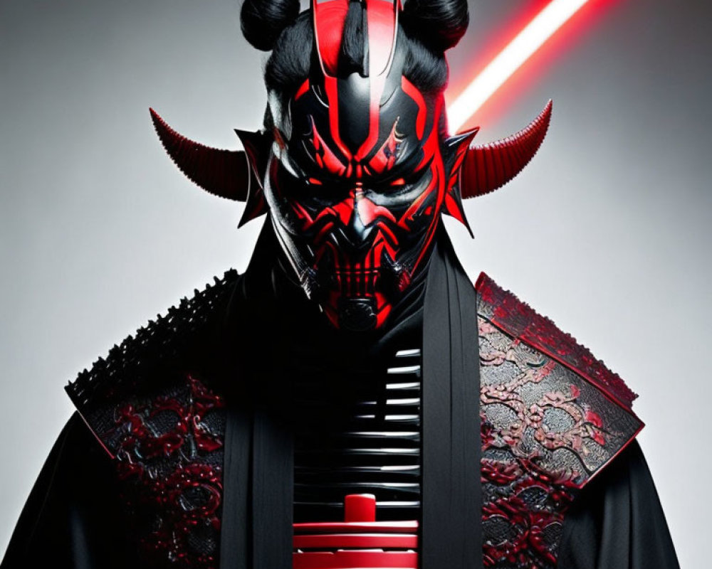 Samurai-inspired costume with demon-like helmet holding red lightsaber