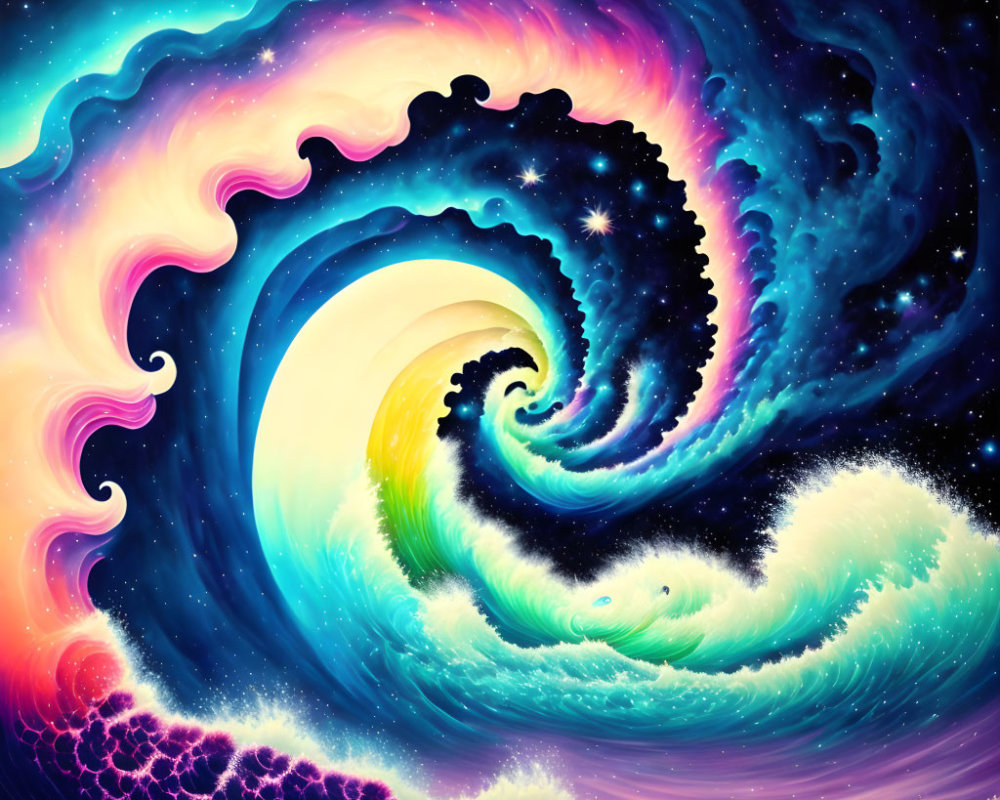 Colorful neon cosmic wave art against starry background