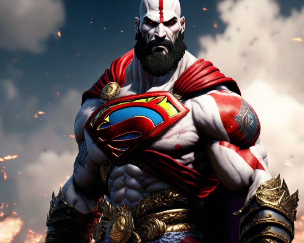 Muscular bearded warrior in Superman costume under dramatic sky.