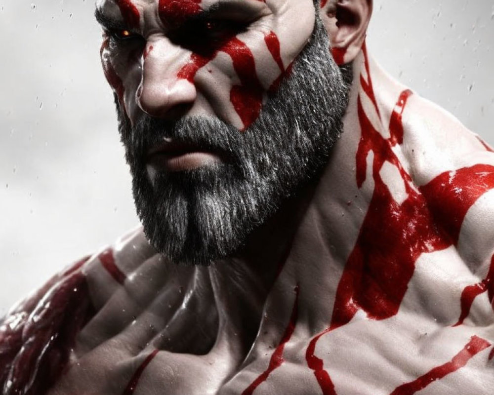 Intense warrior portrait with red paint on face and body