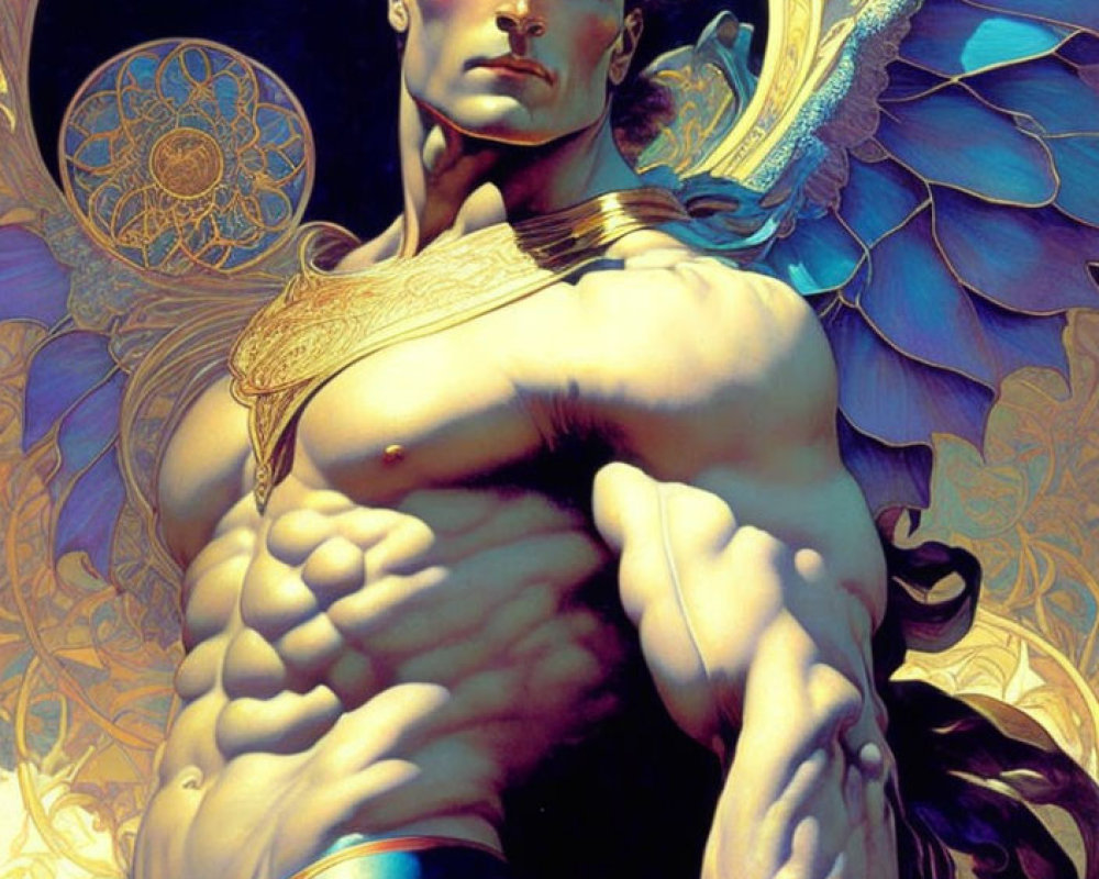 Muscular male figure with angelic wings in blue and gold palette