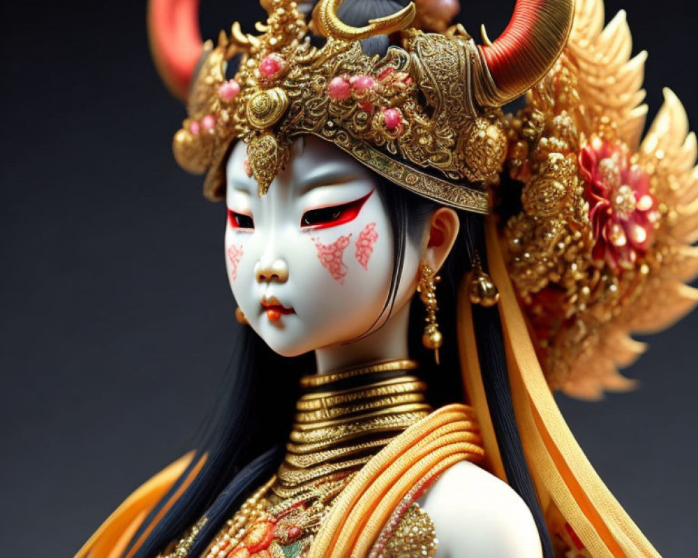 Traditional Asian makeup on ornate female figure with golden headdress and elaborate costume.