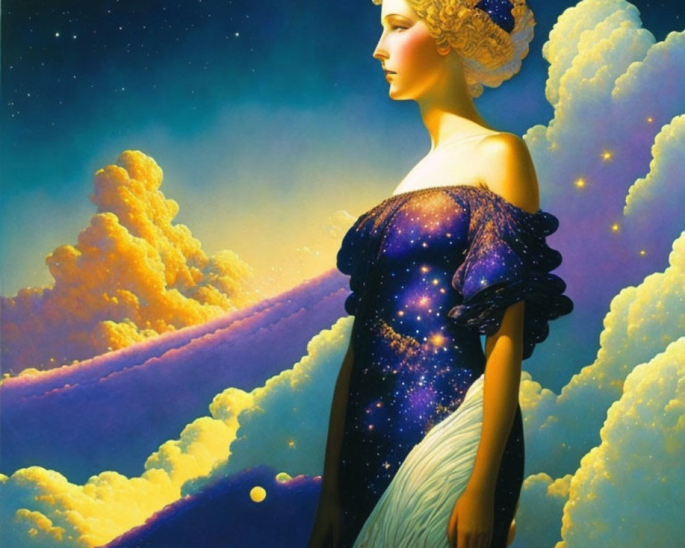 Surreal portrait of woman blending with cosmic backdrop