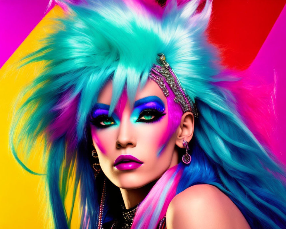 Colorful portrait of person with blue and pink hair, bold makeup, and jeweled headpiece on