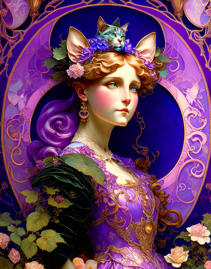 Fantasy illustration of woman and cat with floral cat ears under moonlight