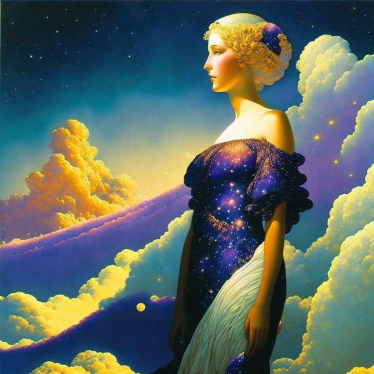 Surreal portrait of woman blending with cosmic backdrop