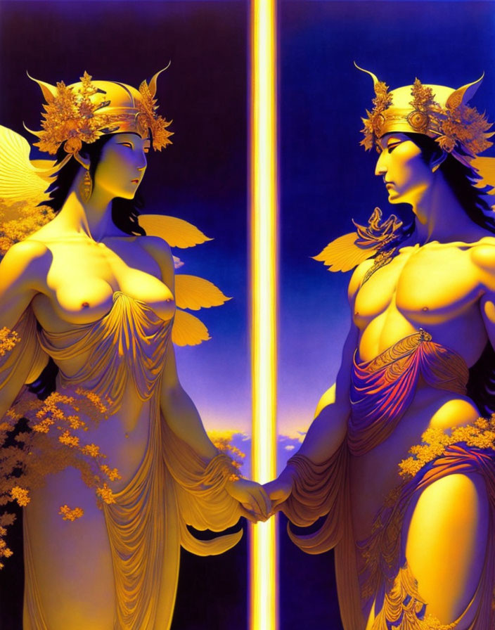 Golden headpieces on two female figures with a yellow pillar, set against a blue backdrop