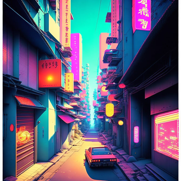 Neon-lit street at dusk with solitary car and Japanese architecture.