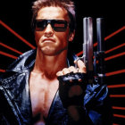 Man in sunglasses and leather jacket with gun and red laser lines.