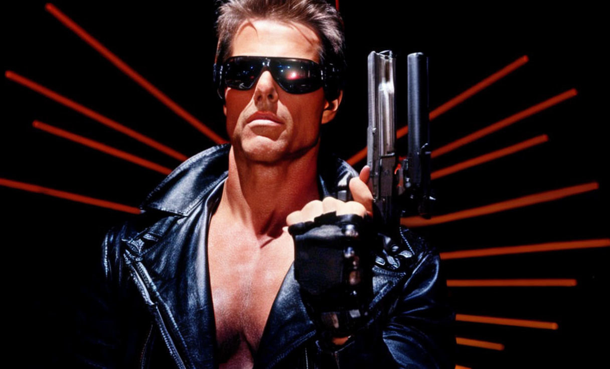 Man in sunglasses and leather jacket with gun and red laser lines.