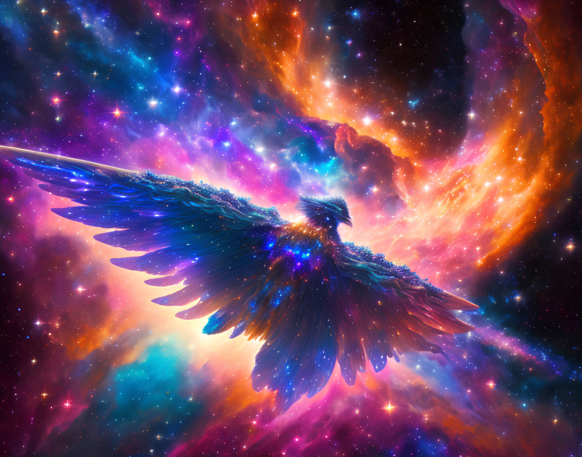 Majestic eagle soaring through colorful space nebula