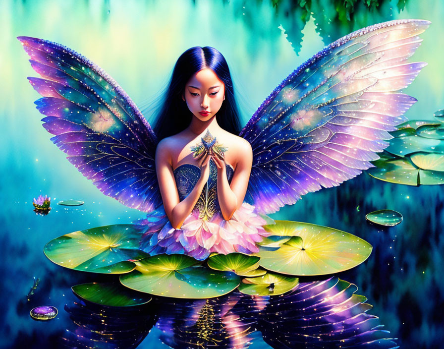 Fantastical digital illustration of fairy on water lily in serene pond