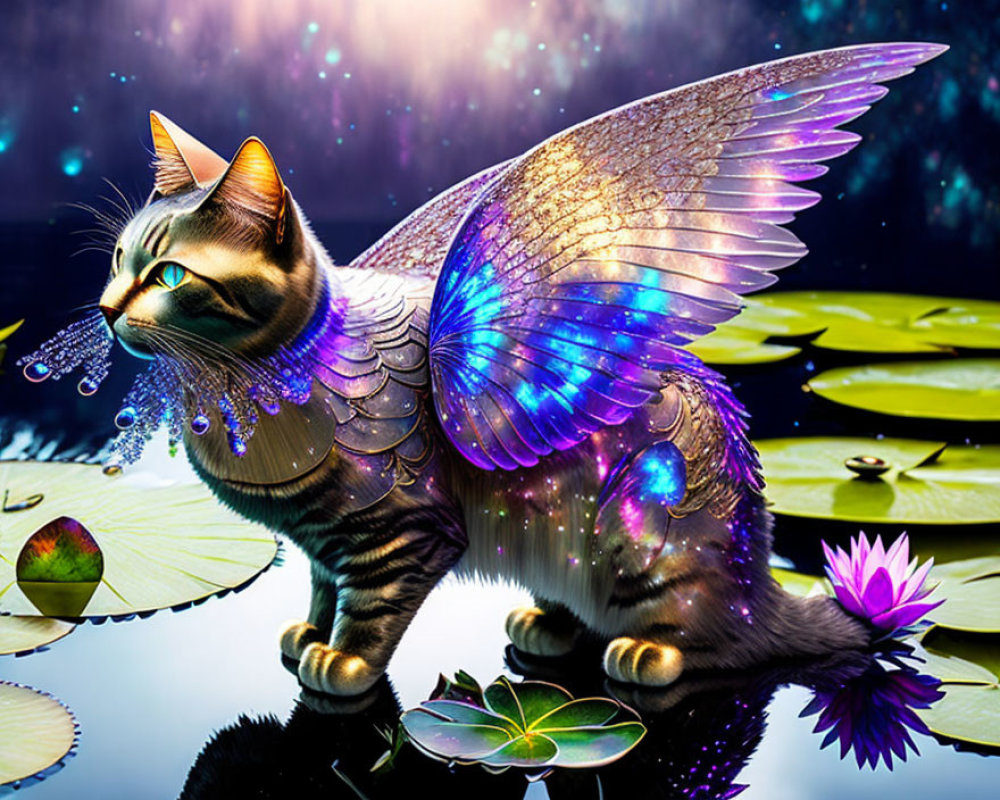 Winged cat with luminescent wings on lily pads in starry night