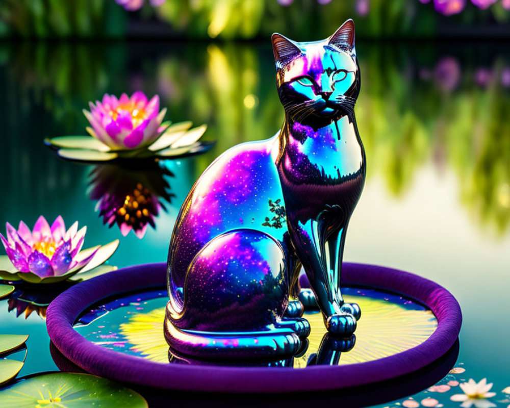 Colorful Cosmic Cat Statue on Purple Float Amidst Water Lilies