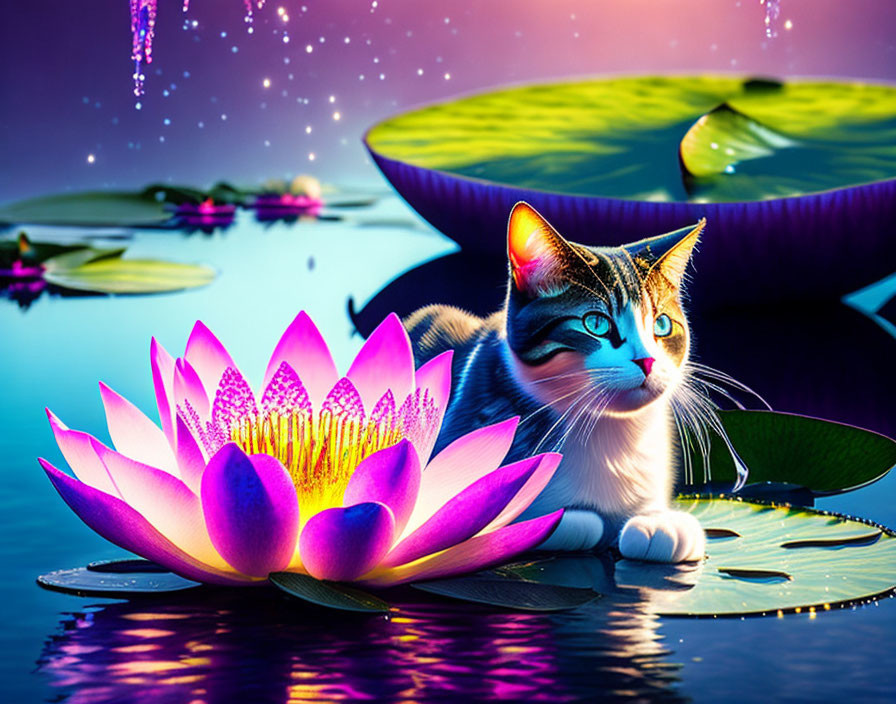 Cat resting on lily pad next to pink lotus in enchanting pond