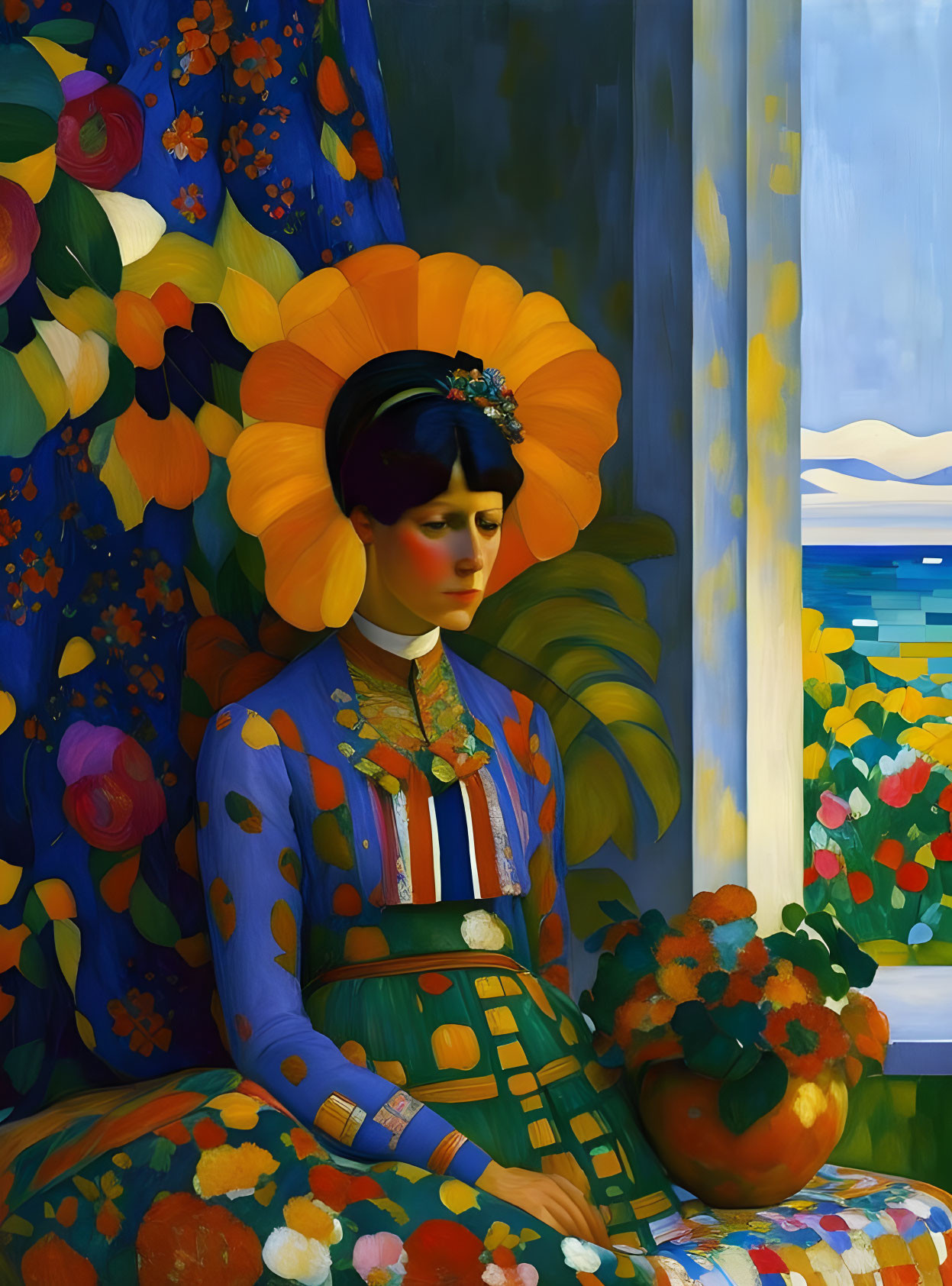 Colorful Woman Sitting by Window with Floral Patterns and Seascape View