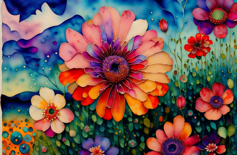 Colorful Stylized Flower Painting on Abstract Background