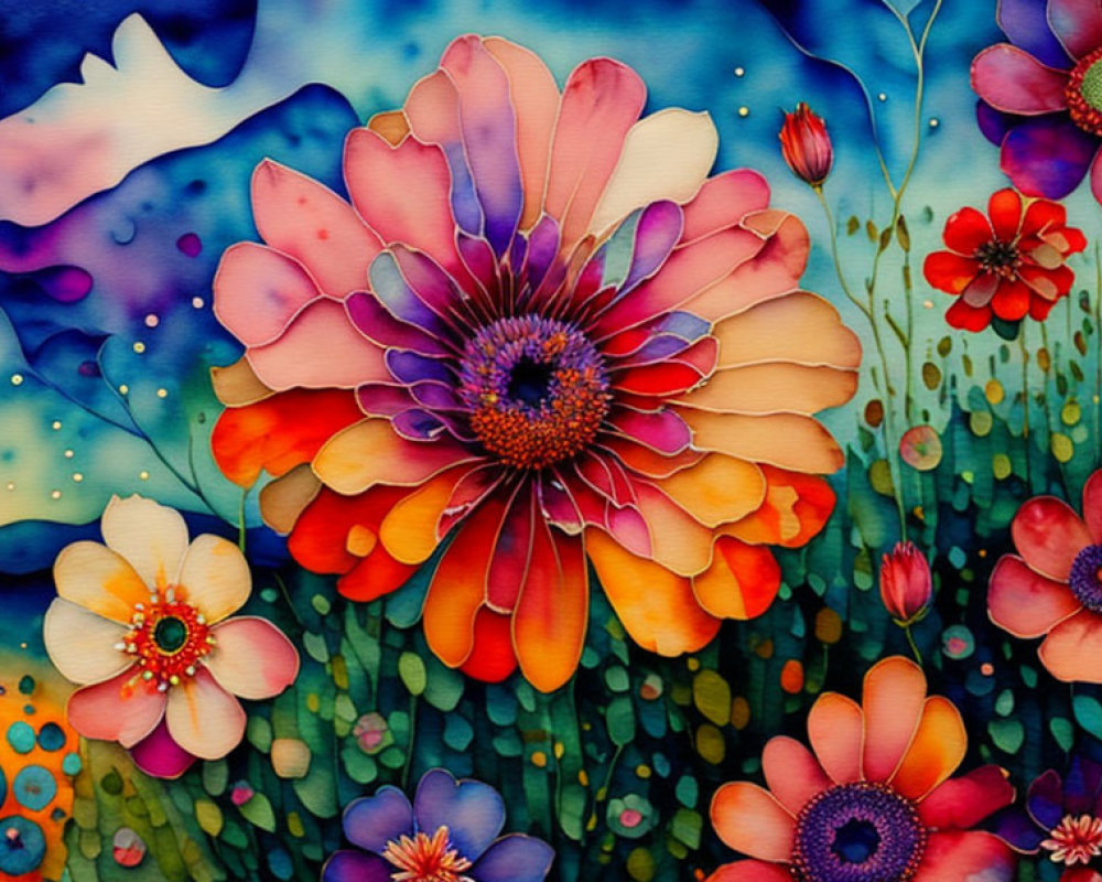 Colorful Stylized Flower Painting on Abstract Background