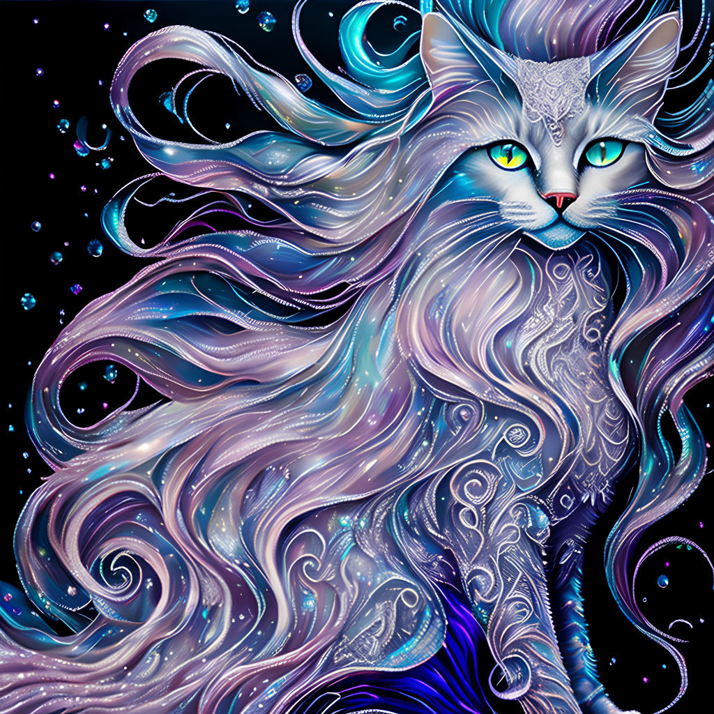 Mystical cat with long blue and purple hair under starry sky