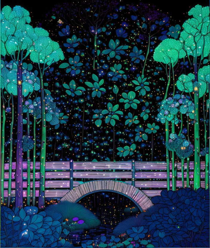 Neon-lit forest illustration with glowing flora and starry sky