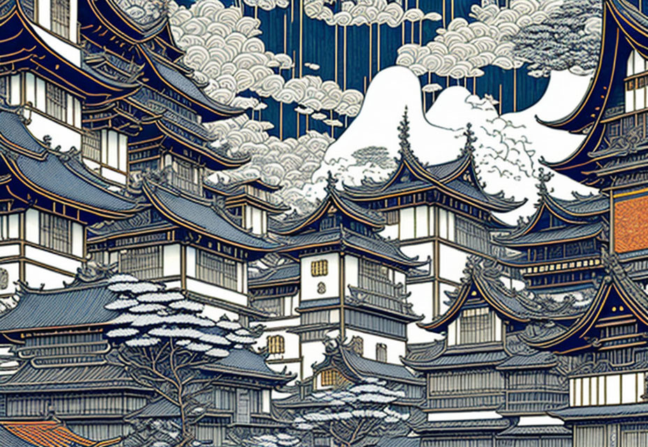 Japanese architecture illustration: Pagoda-style buildings in snowy landscape