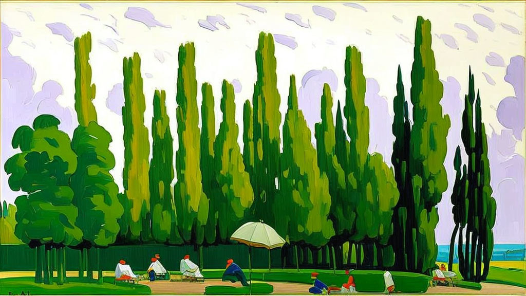 Colorful painting of people in park with tall trees and blue skies