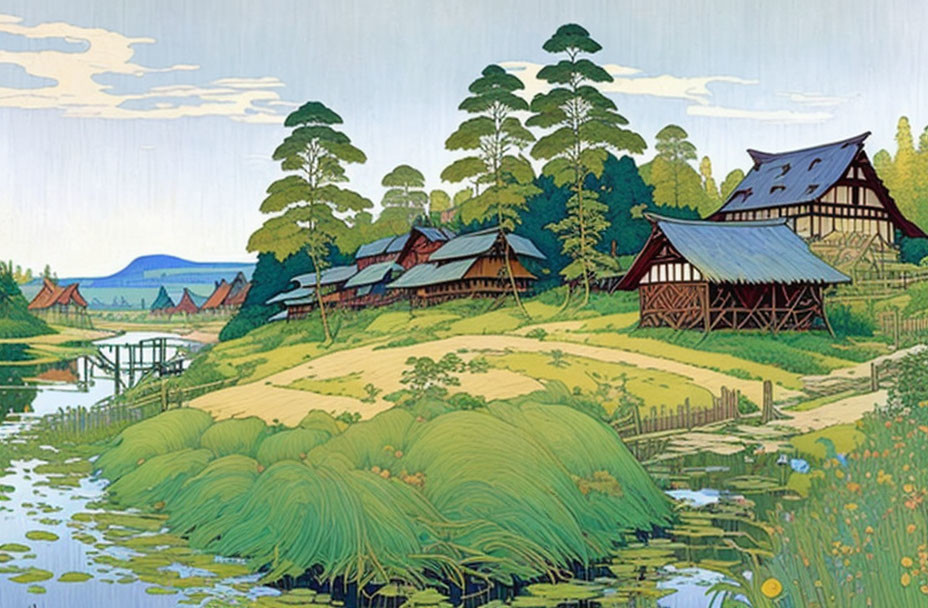 Japanese village with thatched houses by river and mountains in vibrant illustration