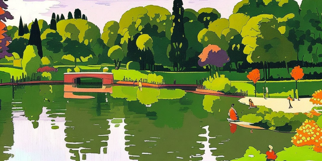 Colorful painting of a tranquil park with bridge, trees, and people