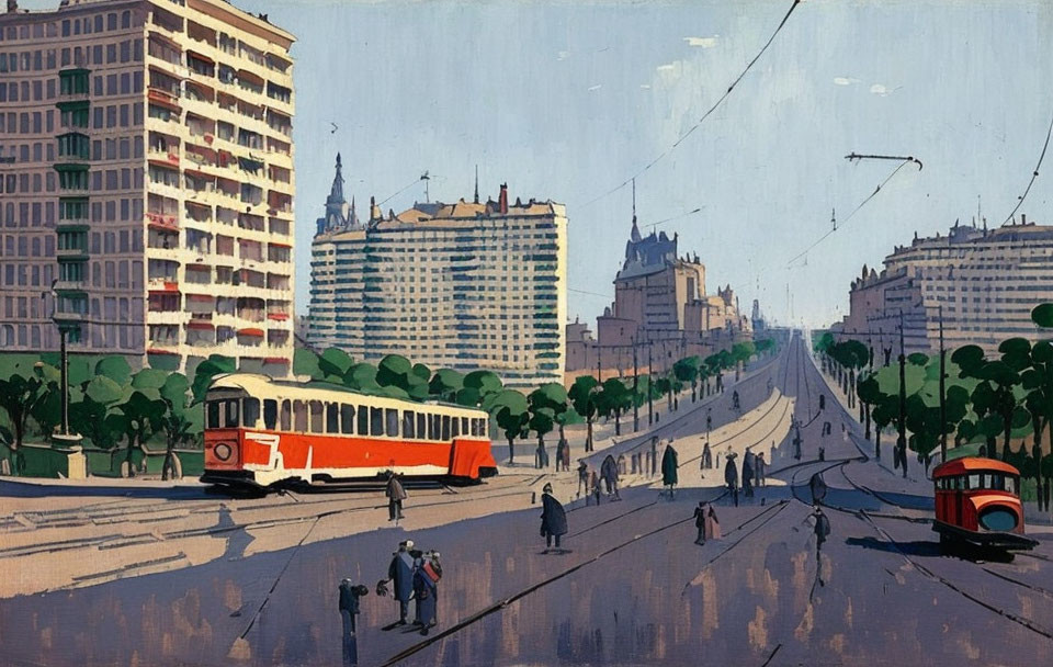 Colorful city street painting with trams, pedestrians, and trees under blue sky