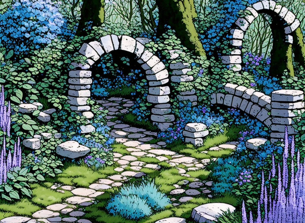 Whimsical garden path with cobblestones, white stone archway, lush greenery, blue